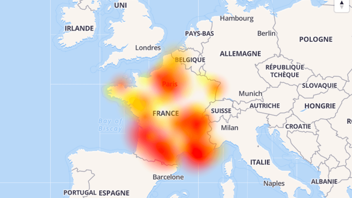 La carte des pannes Orange signalées ce 15 avril 2019 // Source : downdetector.fr