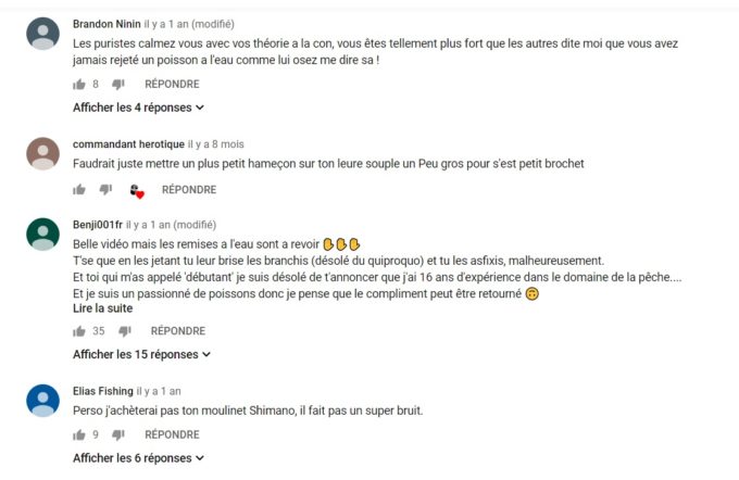 Dans les commentaires YouTube, la manière de relacher un poisson fait régulièrement débat // Source : YouTube : Aminiakk Fishing