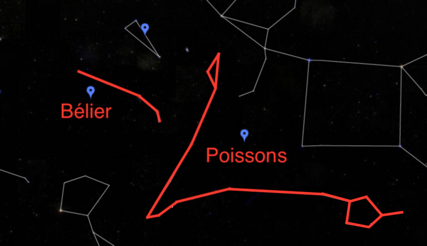 La constellation des Béliers. // Source : Capture d'écran Google Sky, annotations Numerama