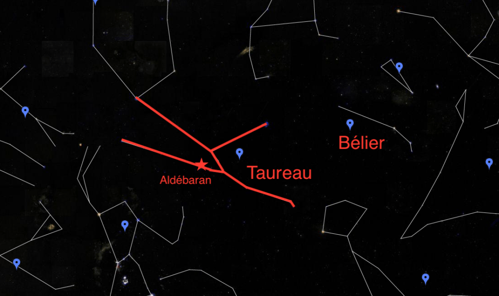La constellation du Taureau. // Source : Capture d'écran Google Sky, annotation Numerama