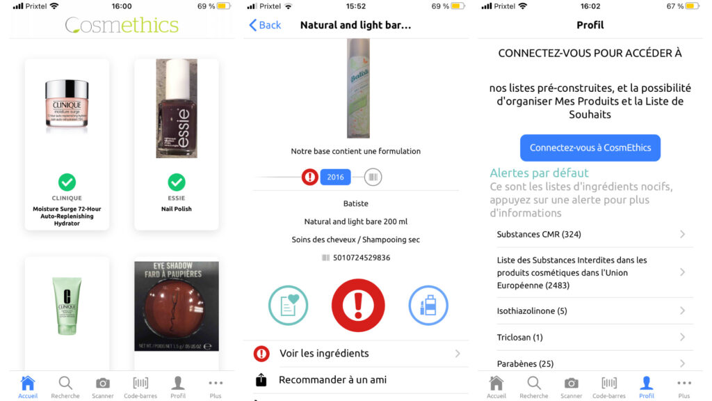 CosmEthics sur iOS. // Source : Captures d'écran CosmEthics sur iOS. // Source : Captures d'écran