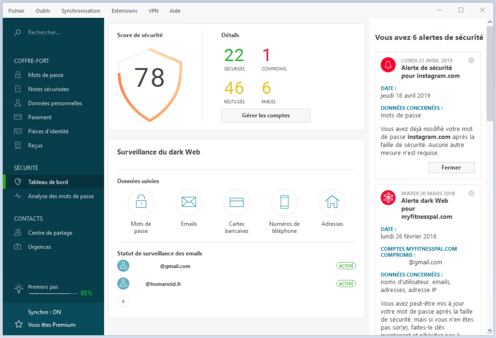 Le tableau de bord de Dashlane, ici sur un client Windows, permet de gérer ses mots de passes et de voir ses notifications d'alertes.