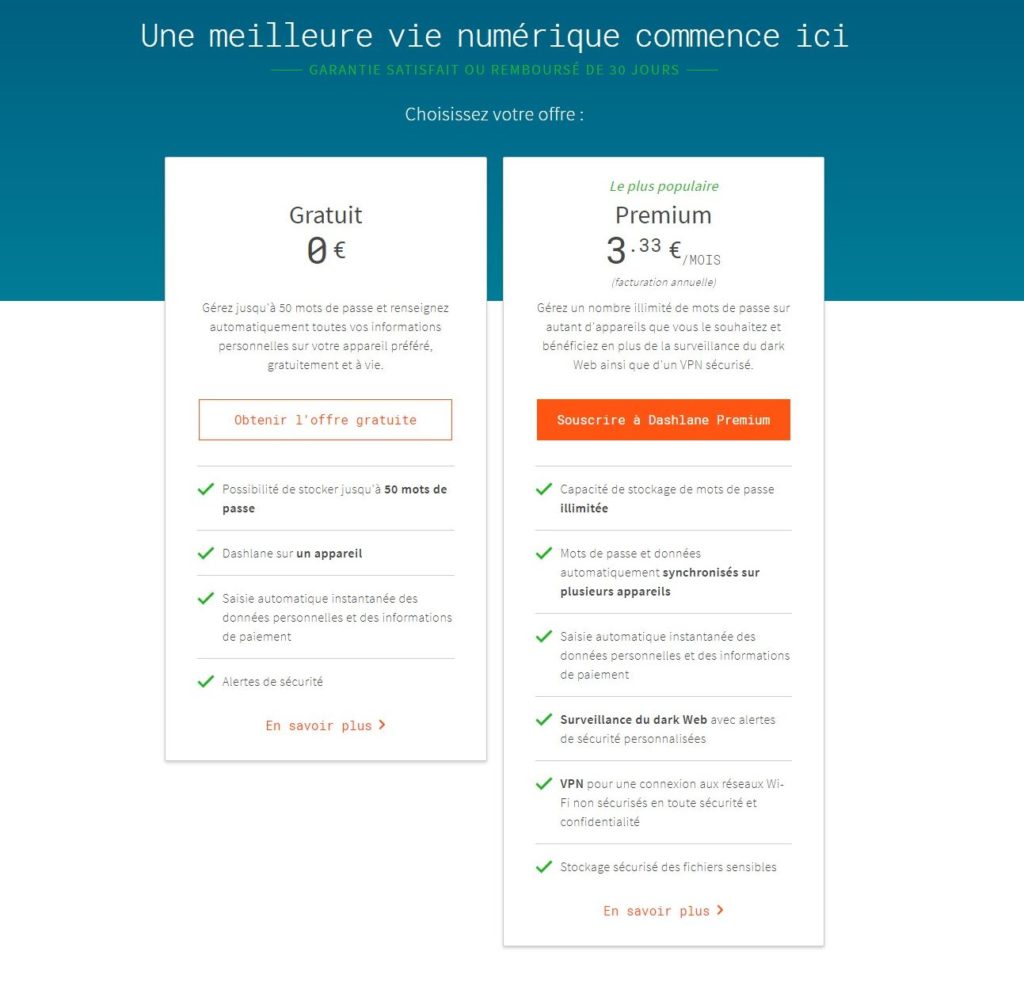 Les différences entre les versions gratuites et payantes de Dashlane.