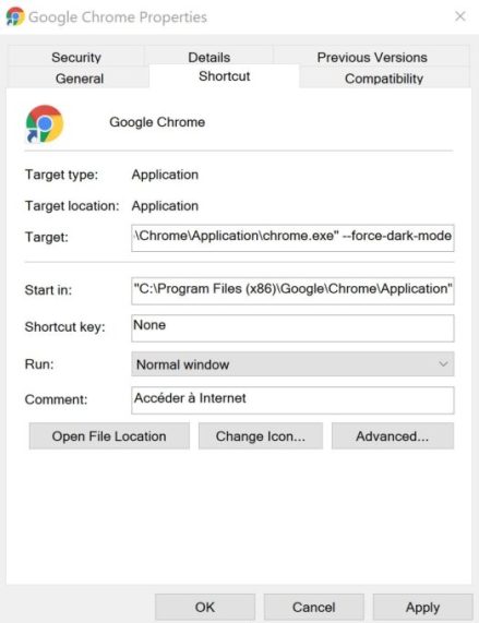 La commande permettant d'activer le mode sombre. // Source : Google Chrome