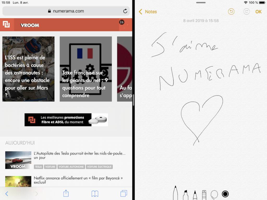 Multitâche sur iPad mini 5 // Source : Numerama Multitâche sur iPad mini 5 // Source : Numerama