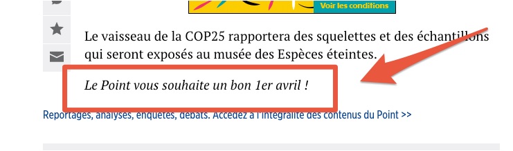 Capture d'écran du faux article du Point pour le 1er avril