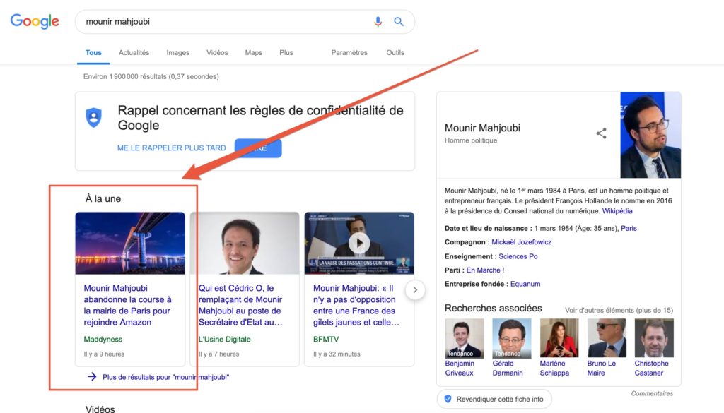 Capture d'écran de la page d'une recherche Google "Mounir Mahjoubi" le 1er avril 2019 // Source : Numerama