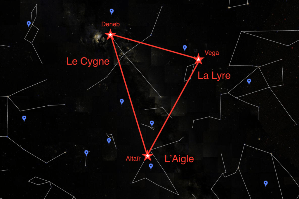 Le Triangle d'été. // Source : Capture d'écran Google Sky, annotations Numerama