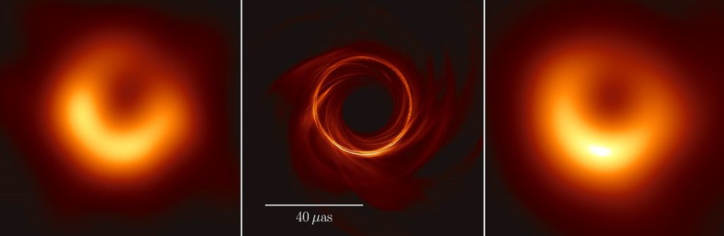 À gauche, l'image prise le 6 avril 2017. Au centre, une simulation de M87*. À droite, la simulation adaptée. // Source : Akiyama et al and ApJL