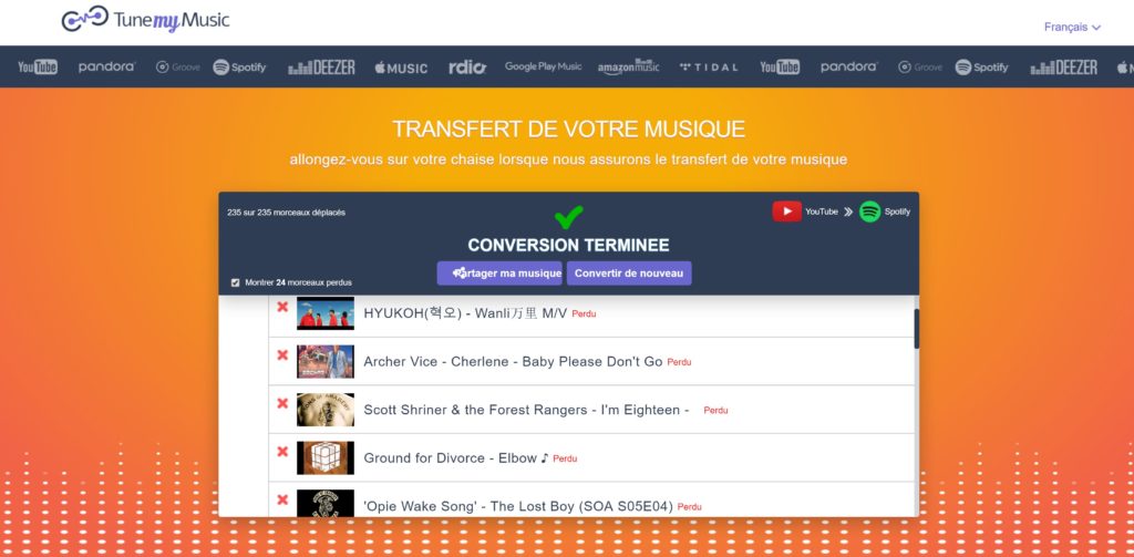 TuneMyMusic est parfois incapable de retrouver toutes les chansons d'une playlist // Source : TuneMyMusic TuneMyMusic est parfois incapable de retrouver toutes les chansons d'une playlist // Source : TuneMyMusic
