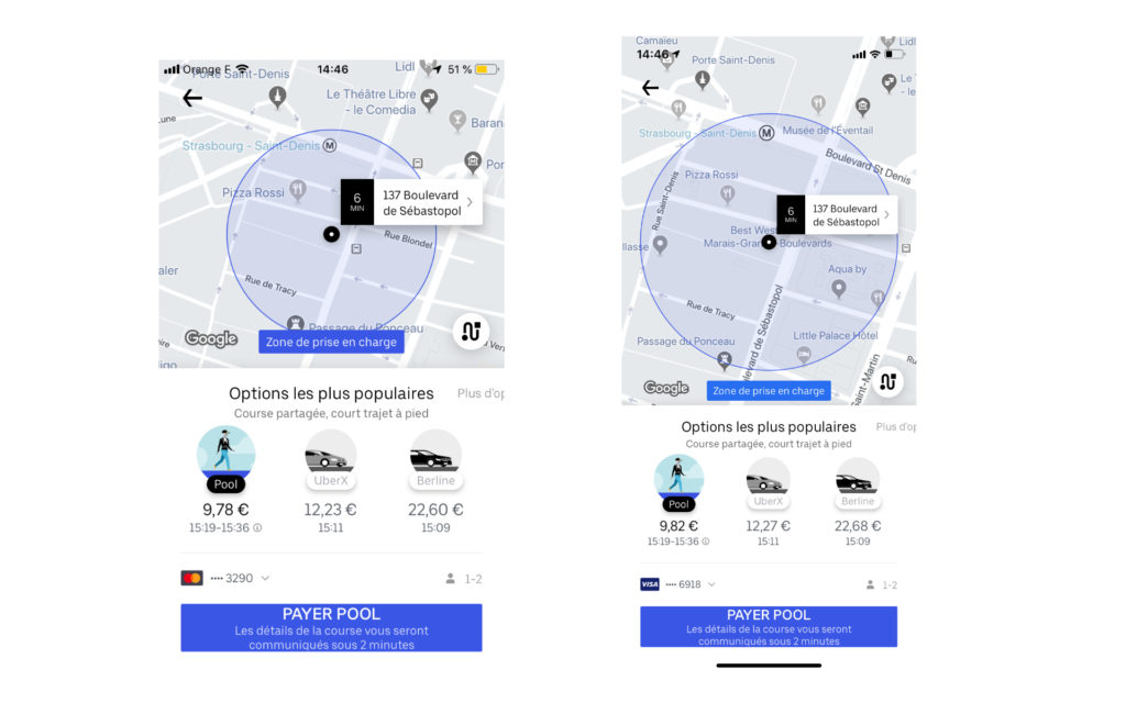 Le prix des deux courses est différent. // Source : Captures d'écran dans l'application Uber