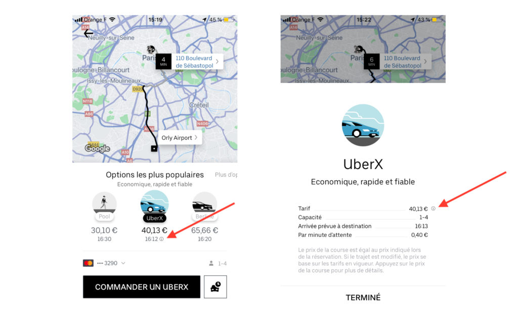 Il faut chercher le bouton i. // Source : Captures d'écran dans l'app Uber. Il faut chercher le bouton i. // Source : Captures d'écran dans l'app Uber.