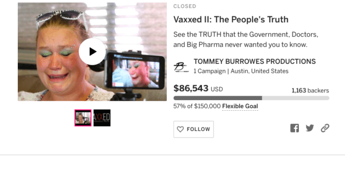 Le projet de documentaire mensonger Vaxxed II a réuni 86,543 $ sur // Source : Indiegogo