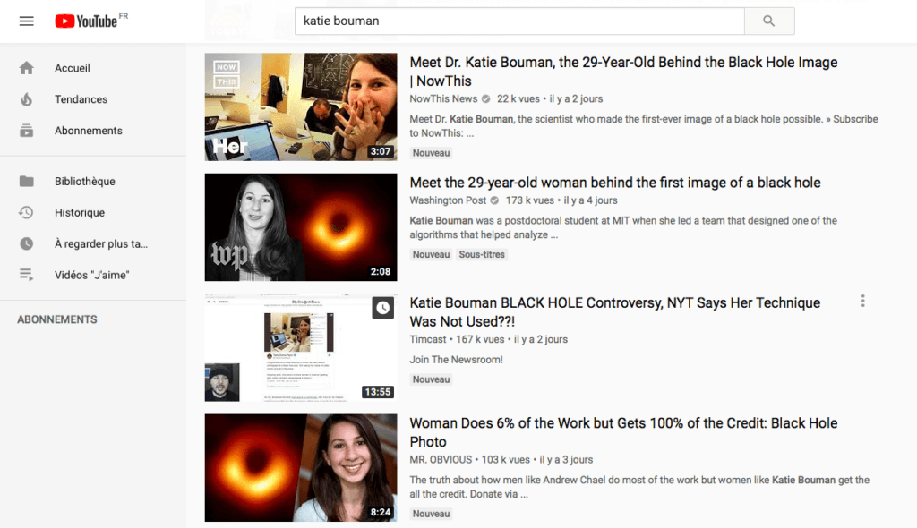 Une recherche des vidéos sur Katie Bouman. // Source : Capture d'écran YouTube