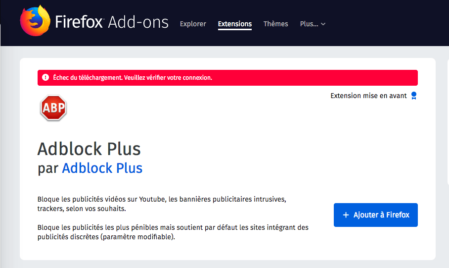 Impossible d'ajouter un Adblocker sur Firefox en ce moment // Source : Capture 4 mai 2019 Impossible d'ajouter un Adblocker sur Firefox en ce moment // Source : Capture 4 mai 2019