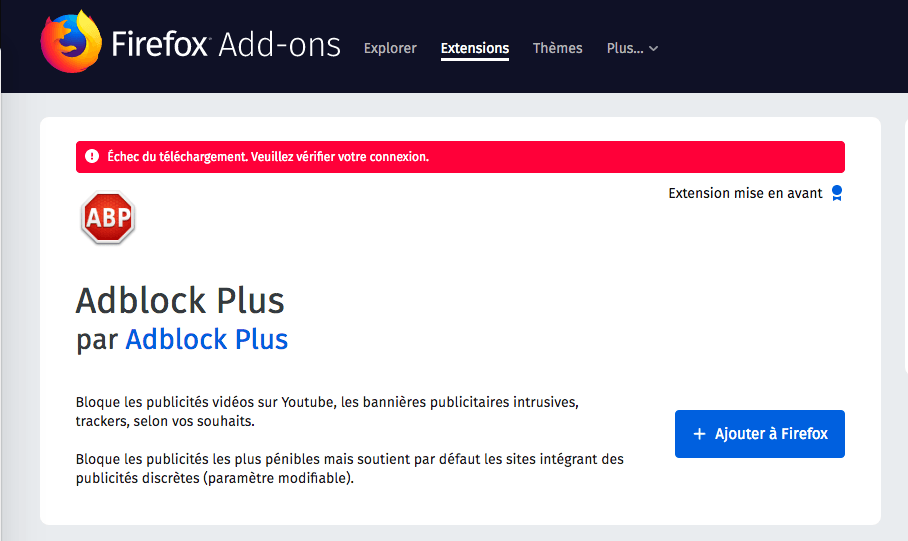 Impossible d'ajouter un Adblocker sur Firefox en ce moment // Source : Capture 4 mai 2019