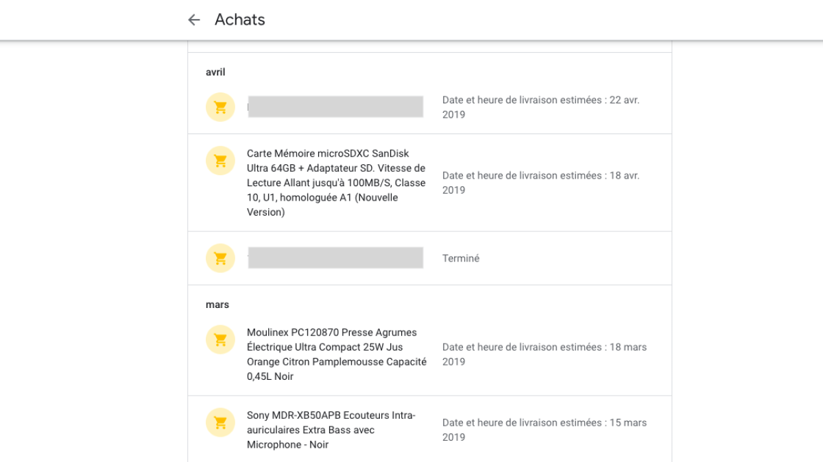 Capture d'écran de l'onglet Achats // Source : myaccount.google.com