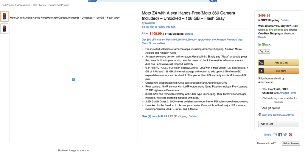 Motorola Moto Z4 sur Amazon // Source : Amazon Motorola Moto Z4 sur Amazon // Source : Amazon