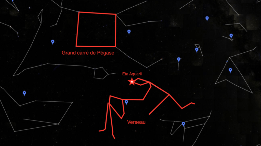 Une astuce pour trouver la constellation du Verseau. // Source : Captures d'écran Google Sky, annotations Numerama