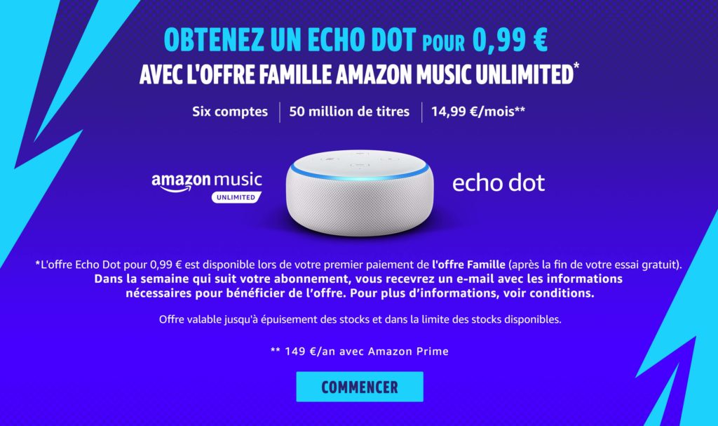 Echo Dot 0,99 euros avec offre Famille Amazon Music Unlimited