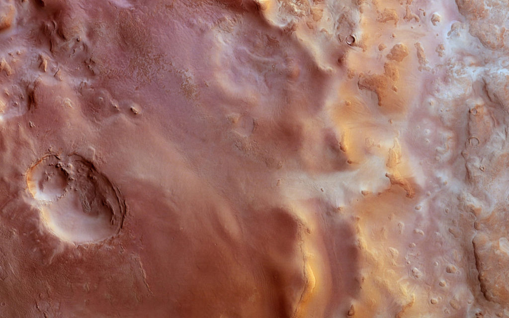 Hellas Planitia, l'un des bassins de Mars. // Source : Wikimedia/CC/ESA/DLR/FU Berlin (photo recadrée)