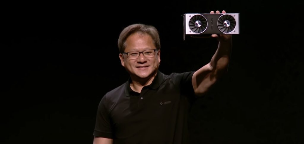 Jen-hsuen Huan avec une carte graphique GeForce RTX. // Source : Youtube/ NVidia GeForce