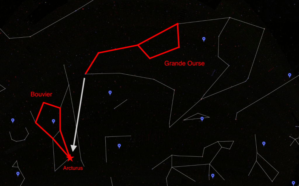 Comment trouver la constellation du Bouvier. // Source : Capture d'écran Google Sky, annotations Numerama