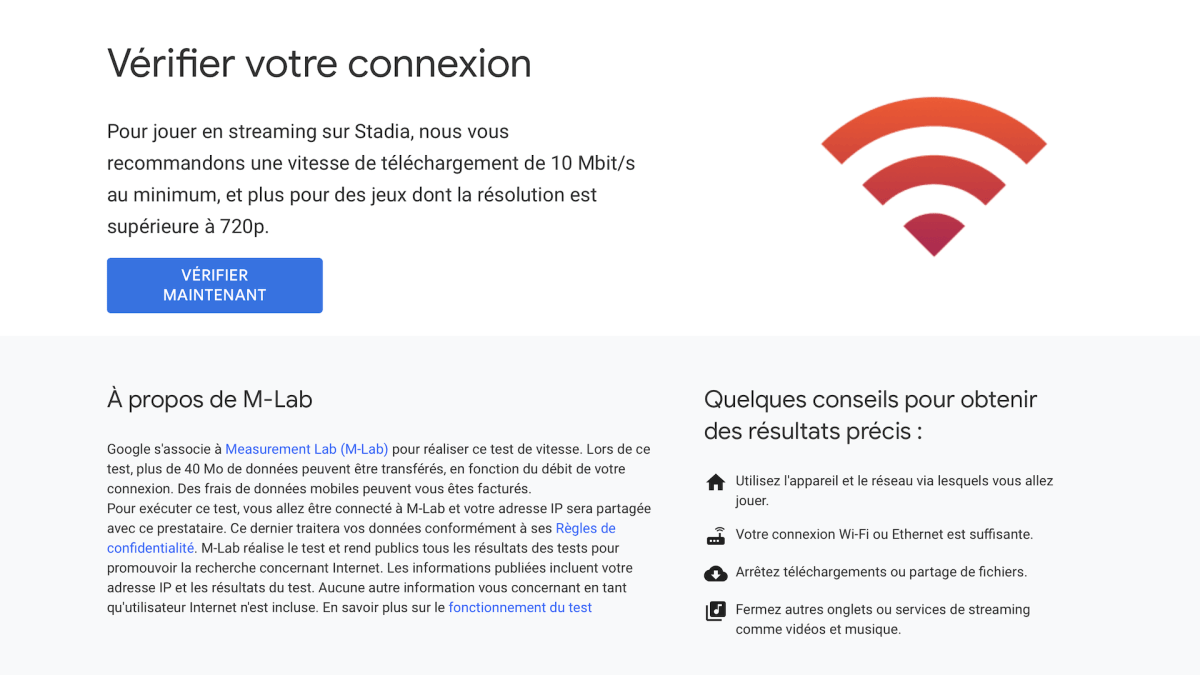 Google Stadia test de connexion