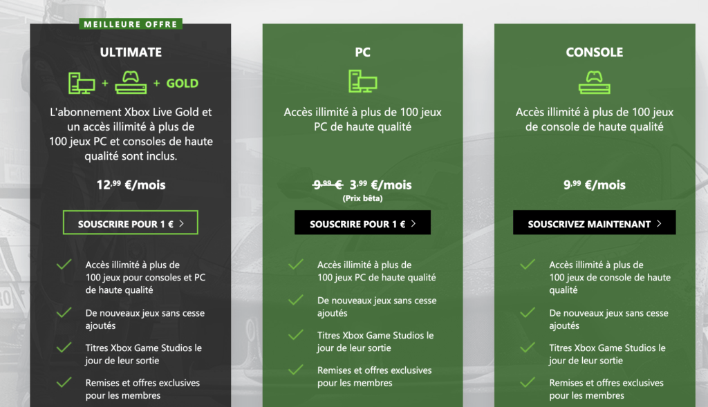 Tarifs du Game Pass Tarifs du Game Pass