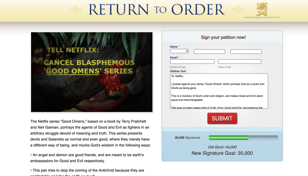 Capture d'écran de la pétition // Source : Return to Order