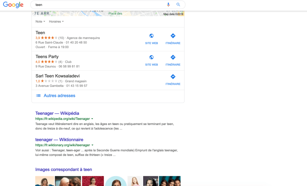 Capture d'écran d'une recherche avec le mot "teen" Capture d'écran d'une recherche avec le mot "teen"