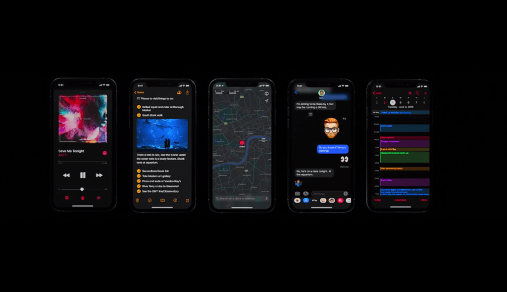 Le mode sombre sur iOS 13 // Source : Apple Events