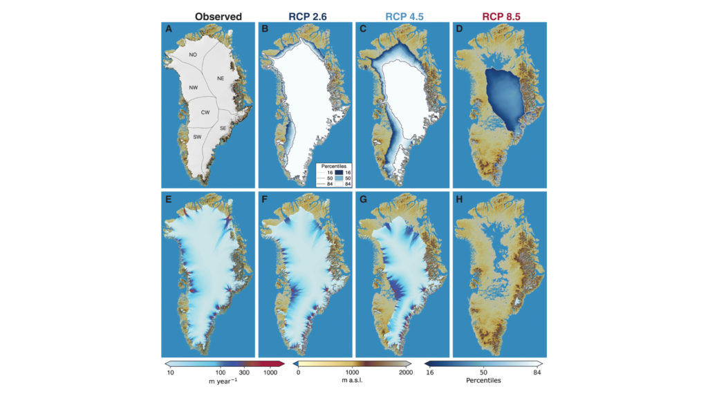 Les simulations de la fonte du Groenland en l'an 3000 selon plusieurs scénarios. // Source : Science Advances