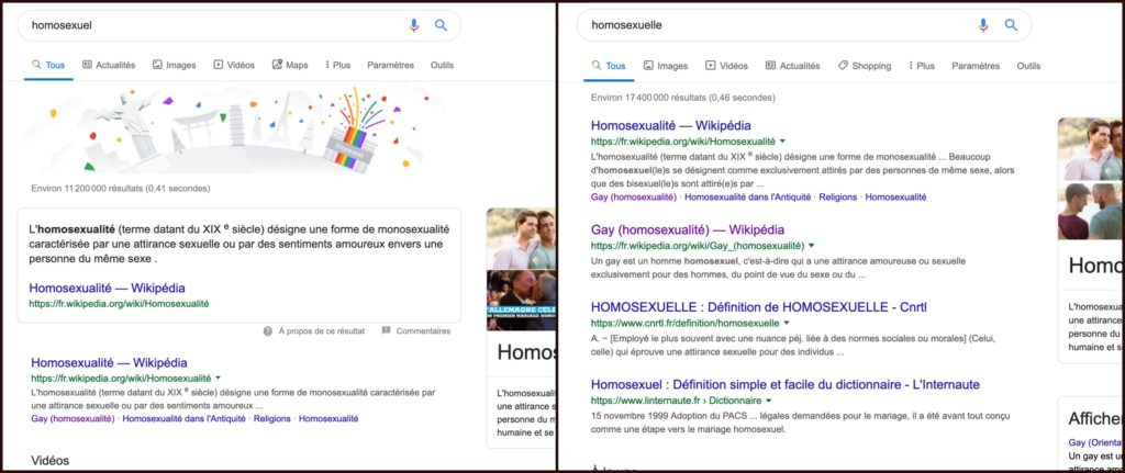 Capture d'écran du 24 juin 2019 des recherches "homosexuel" et "homosexuelle" Capture d'écran du 24 juin 2019 des recherches "homosexuel" et "homosexuelle"