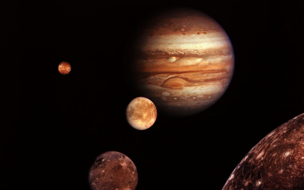 Jupiter et ses lunes galiléennes. // Source : Domaine public (photo recadrée)