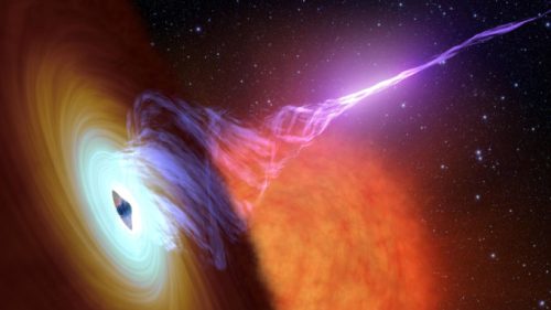 Un trou noir, son disque d'accrétion et son jet de gaz chaud. // Source : NASA/JPL-Caltech (photo recadrée)
