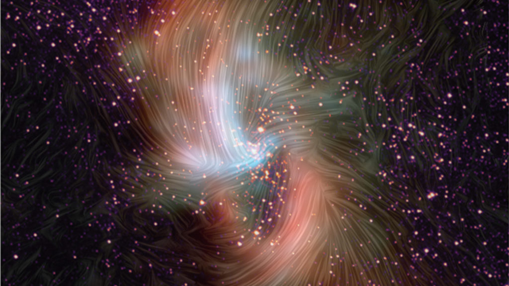 Le champ magnétique autour du trou noir. // Source : NASA, SOFIA, Hubble Space Telescope (photo recadrée)