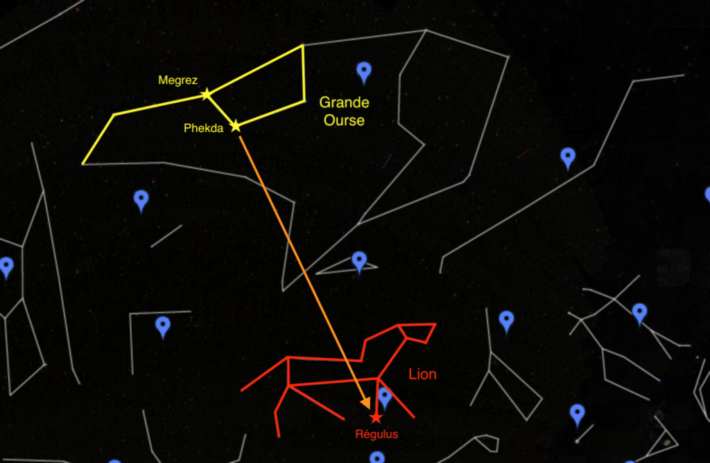 Pour trouver le Lion, repérez la Grande Ourse. // Source : Capture d'écran Google Sky, annotations Numerama