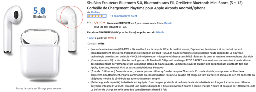 Cette contrefaçon vendue sur Amazon est une belle reproduction... mais on repère facilement un bouton