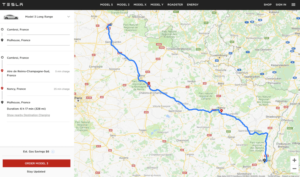 Trajet Cambrai vers Mulhouse (via Tesla)