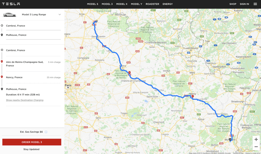 Trajet Cambrai vers Mulhouse (via Tesla) Trajet Cambrai vers Mulhouse (via Tesla)