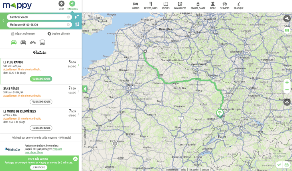 Trajet Cambrai vers Mulhouse (via Mappy)