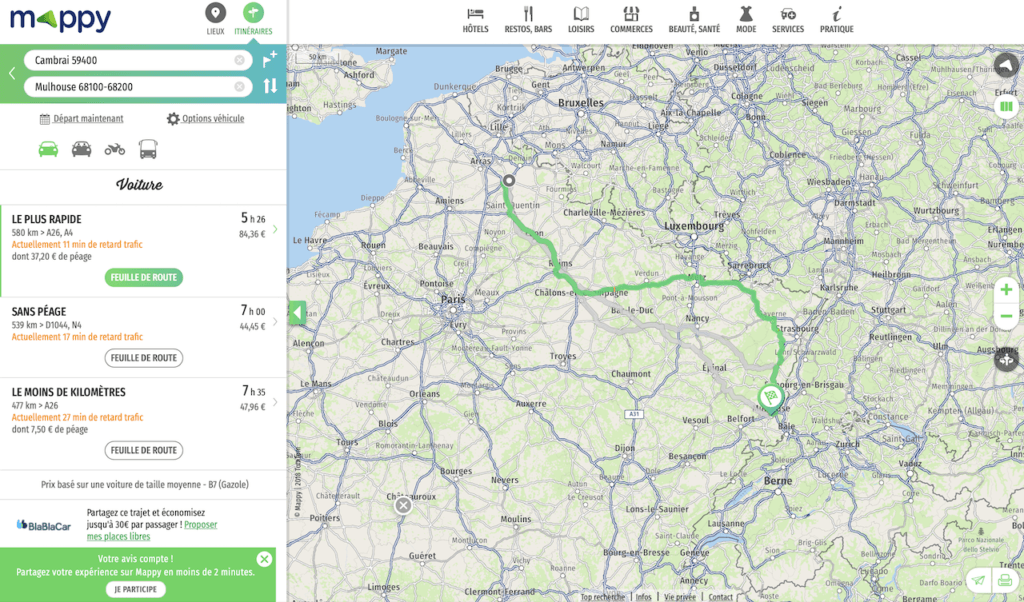 Trajet Cambrai vers Mulhouse (via Mappy) Trajet Cambrai vers Mulhouse (via Mappy)