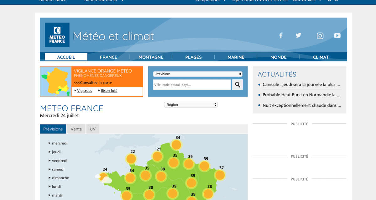 Capture d'écran du site de Météo France lorsqu'il fonctionne