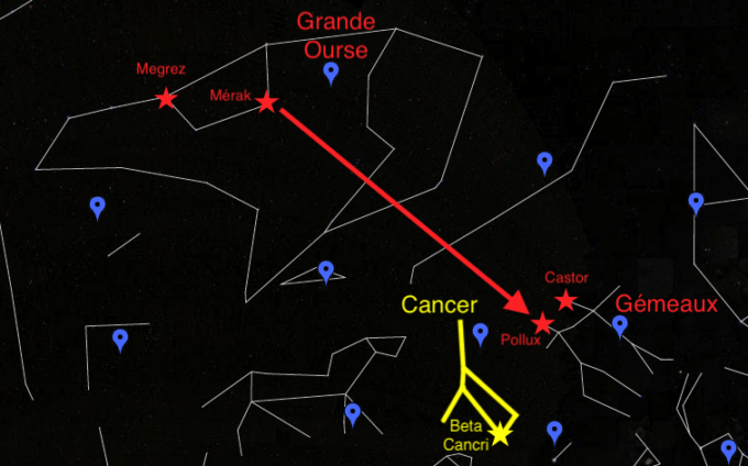 La position du Cancer (en jaune), par rapport à la Grande Ourse et les Gémeaux. // Source : Capture d'écran Google Sky, annotations Numerama La position du Cancer (en jaune), par rapport à la Grande Ourse et les Gémeaux. // Source : Capture d'écran Google Sky, annotations Numerama