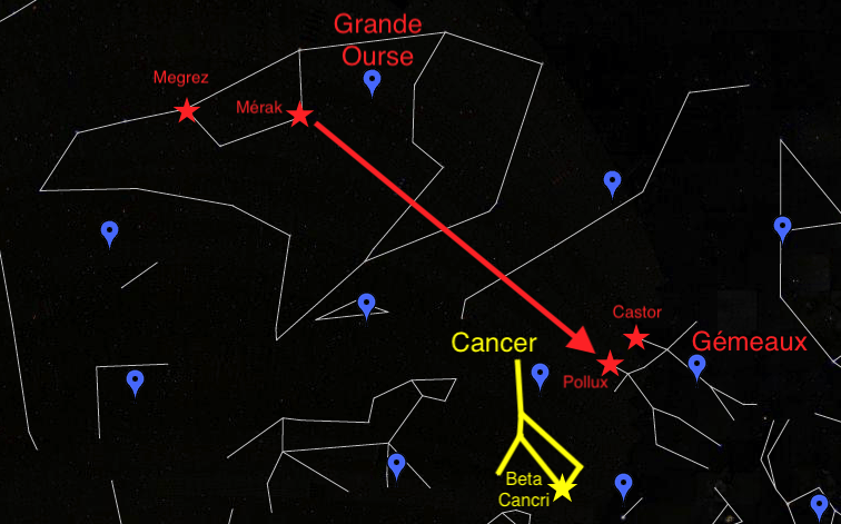 La position du Cancer (en jaune), par rapport à la Grande Ourse et les Gémeaux. // Source : Capture d'écran Google Sky, annotations Numerama