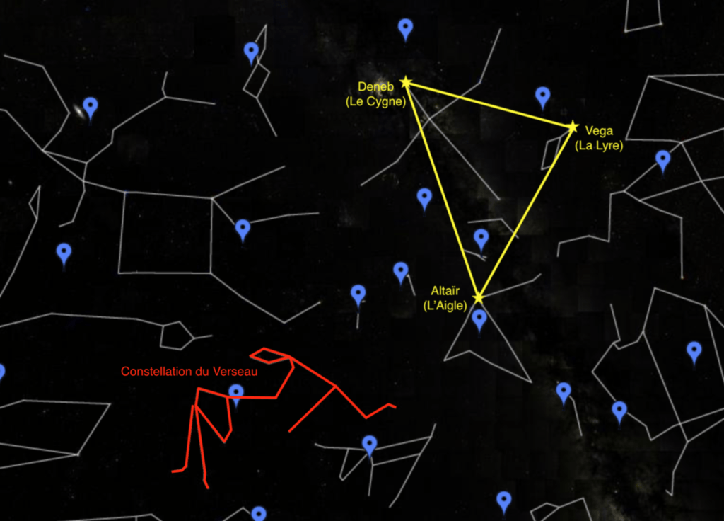 Pour trouver la constellation du Verseau, cherchez le Triangle d'été. // Source : Capture d'écran Google Sky, montage Numerama