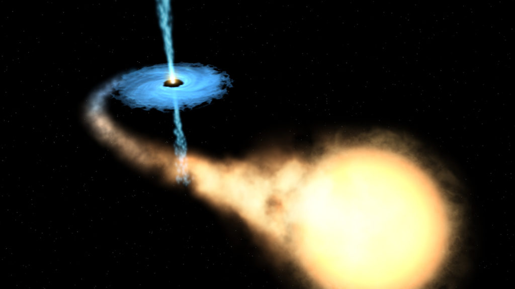 Le disque d'accrétion et les jets du trou noir sont représentés en bleu. // Source : Wikimedia/CC/Nasa, ESA (photo recadrée)