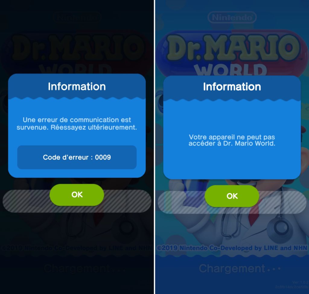Les messages d'erreur sur Dr. Mario World. // Source : Nintendo