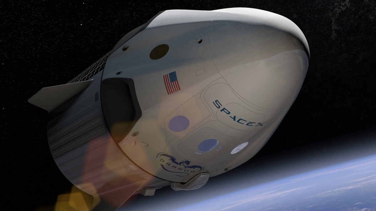 Une représentation d'artiste de la capsule Dragon de SpaceX. // Source : Flickr/CC/Official SpaceX Photos (photo recadrée)